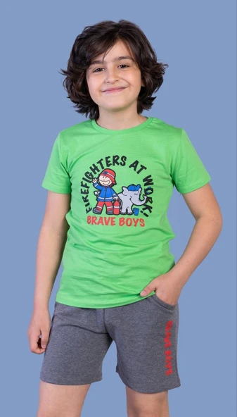 Toontoy Erkek Çocuk 2li Şortlu Takım Bisiklet Yaka Kısa Kollu Baskılı Tişört - Beli Lastikli Şort 12916 ürün görseli 1