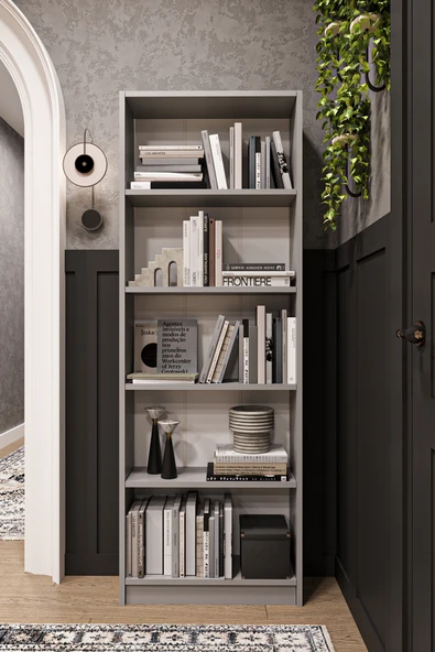 Modern 5 Raflı Ev Ofis Kütüphane Kitaplık %100 MDF Dekoratif Kitaplık K002  Kül Gri ürün görseli 1