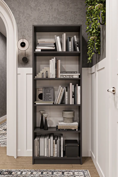 Modern 5 Raflı Ev Ofis Kütüphane Kitaplık %100 MDF Dekoratif Kitaplık K002  Antrasit Gri ürün görseli 1