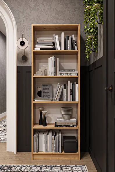 Modern 5 Raflı Ev Ofis Kütüphane Kitaplık %100 MDF Dekoratif Kitaplık K002  Safir Meşe ürün görseli 1