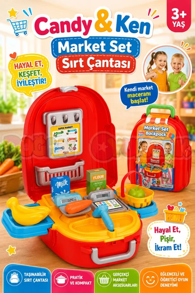 Candy & Ken Market Set Sırt Çantası - Kasiyer Oyuncağı - Market Setleri - Mutfak Oyuncakları ürün görseli 1