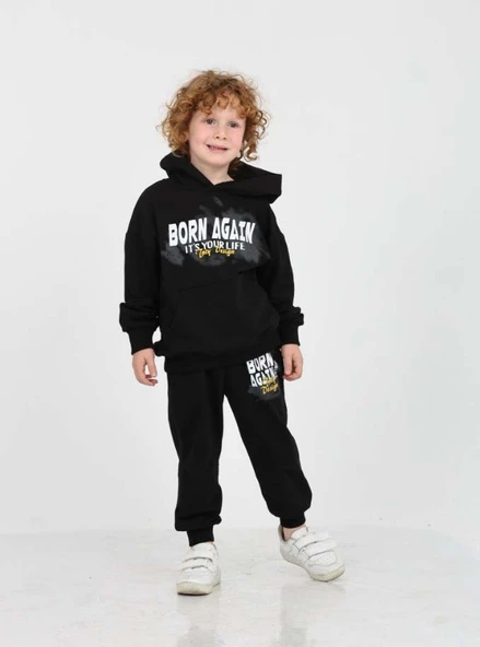 Toontoy Erkek Çocuk 3'lü Takım Baskılı Kapüşonlu Sweatshirt & Beli Paçası Lastikli Cepli Jogger Eşofman Altı ürün görseli 1