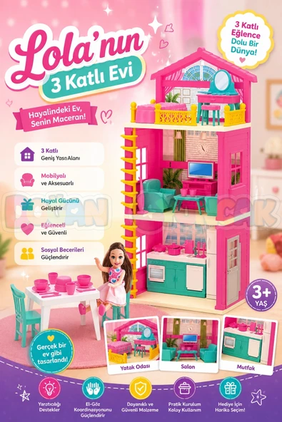 Lola'nın 3 Katlı Evi - Ev Oyuncak - Lola'nın 3 Katlı Ev Seti - Barbie Ev Seti ürün görseli 1
