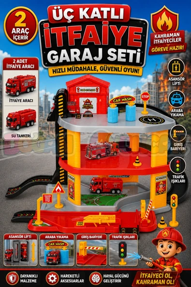 Üç Katlı İtfaiye Garaj Seti - Otopark Seti - Araba Seti - İtfaye Oyuncak - Üç Katlı Garaj ürün görseli 1