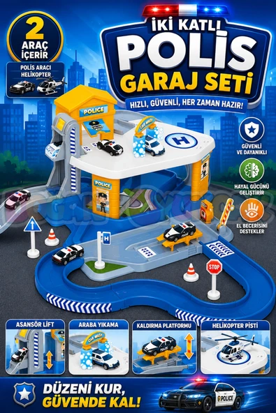İki Katlı Polis Garaj Seti - Otopark Seti - Araba Seti - Araç Seti - Araba Oyunu - İki Katlı Garaj ürün görseli 1