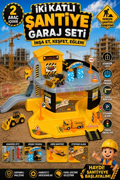 İki Katlı Şantiye Garaj Seti - Otopark Seti - Araba Seti - İnşaat Oyuncak - İki Katlı Garaj ürün görseli 1