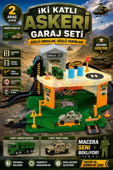 İki Katlı Askeri Garaj Seti - Otopark Seti - Araba Seti - Askeri Oyuncak - İki Katlı Garaj ürün görseli 1