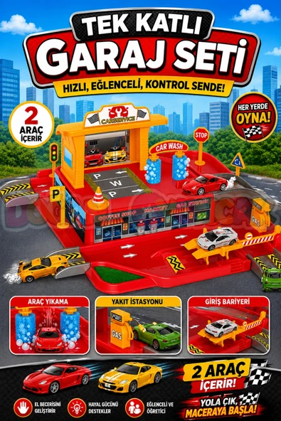 Tek Katlı Garaj Seti - Otopark Seti - Araba Seti - Araç Seti - Araba Oyunu - Tek Garaj ürün görseli 1