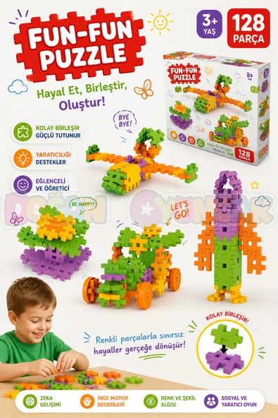 FunFun Puzzle (128 Parça) - Lego Setleri - Geometrik Oyuncak - Fun-Fun - Kare Bloklar ürün görseli 1