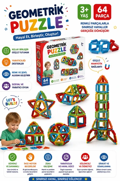 Geometrik Puzzle (64 Parça) - Lego Setleri - Geometrik Oyuncak - Şekilli Lego - Kare Bloklar ürün görseli 1