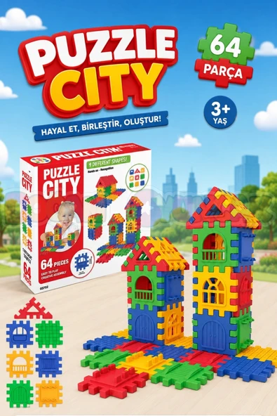 Puzzle City (64 Parça) - Lego Setleri - Ev Blokları - Şekilli Lego - Kare Bloklar ürün görseli 1