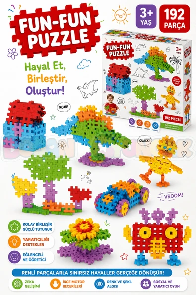 FunFun Puzzle (192 Parça) - Lego Setleri - Geometrik Oyuncak - Fun-Fun - Kare Bloklar ürün görseli 1