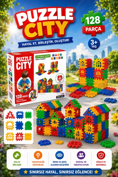 Puzzle City (128 Parça) - Lego Setleri - Ev Blokları - Şekilli Lego - Kare Bloklar ürün görseli 1