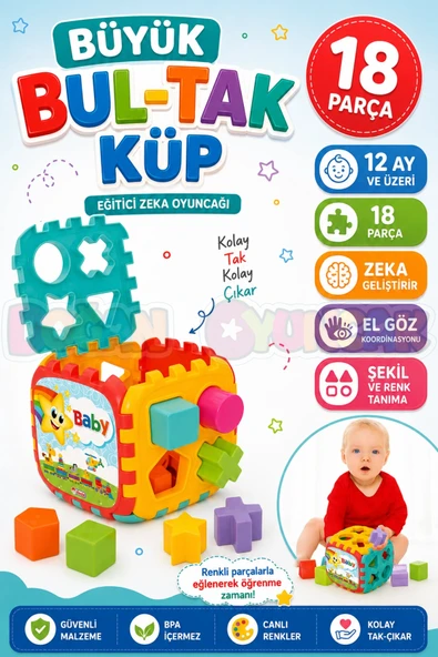 Büyük Bul-Tak Küp - Bultak Lego - Bebek Oyuncağı - Şekil Takmaca ürün görseli 1