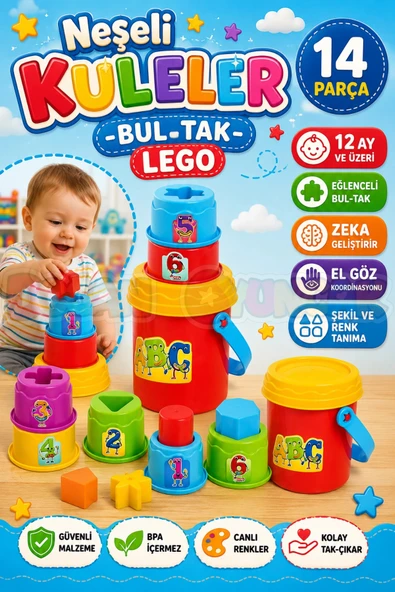 Neşeli Kuleler - Bultak Lego - Bebek Oyuncağı - Şekil Takmaca - Kule Oyunu ürün görseli 1