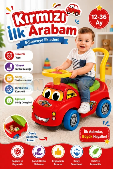 Kırmızı İlk Arabam - İlk Arabam - Binmeli Araba - Çocuk Arabası - İlk Adım Arabası ürün görseli 1