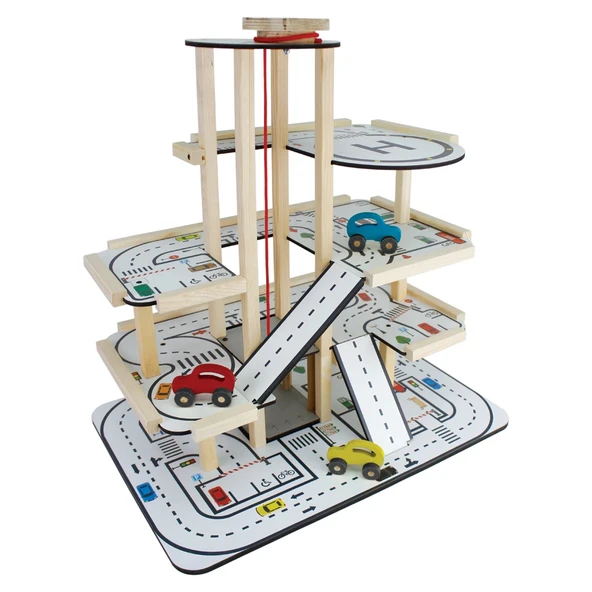 Ahşap Asansörlü Otopark - Üç Katlı Garaj Seti - Hotwheels Garaj Seti - Otopak Seti - Eğimli Garaj ürün görseli 1