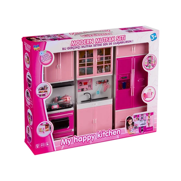My Happy Kitchen Üçlü Mutfak Seti - Modern Mutfak Seti - Işıklı Sesli Mutfak Oyuncak - Buzdolabı, Lavabo, Fırın ürün görseli 1