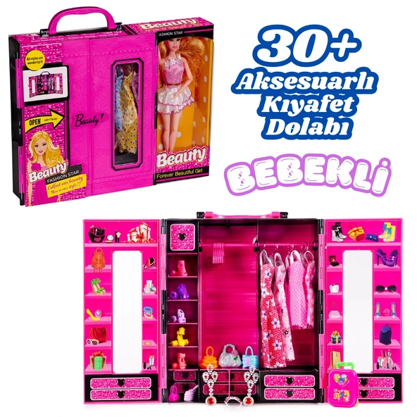 Beauty Aksesuarlı Bebekli Gardırop - Barbie Dolap - Barbie Giysi Dolabı - Barbie Gardırop - Gardrop ürün görseli 1