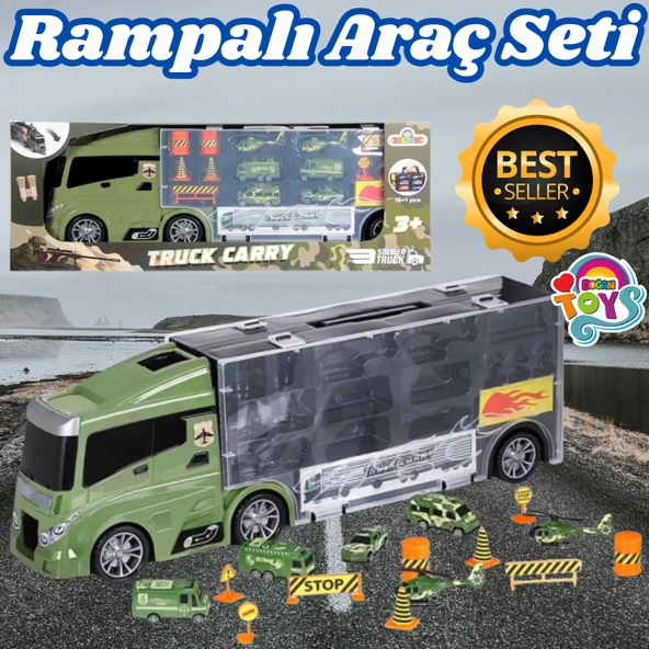 Rampalı Askeri Tır Seti - Askeri Taşıyıcı Tır - Kaydıraklı Kamyon - Araç Yol Seti - Tır Yol Seti - Oyuncak Araç Seti ürün görseli 1