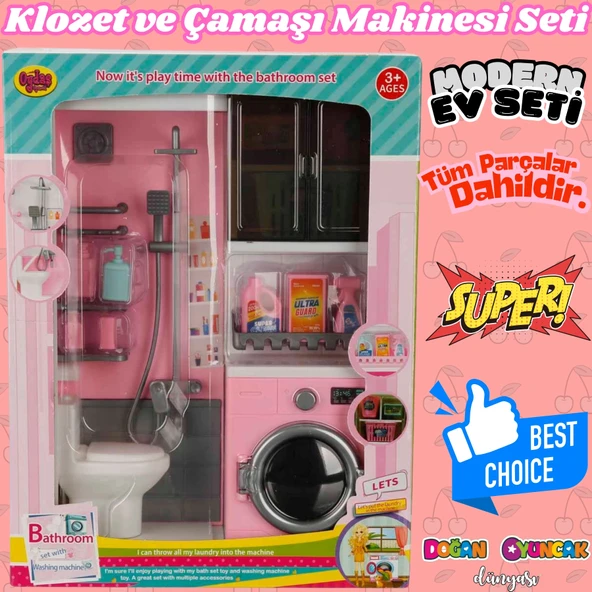 Tuvalet ve Çamaşır Makinesi Banyo Seti - Modern Banyo Seti - Minyatür Ev Oyuncak Seti - Banyo Oyuncak Seti - Klozet, Tuv ürün görseli 1