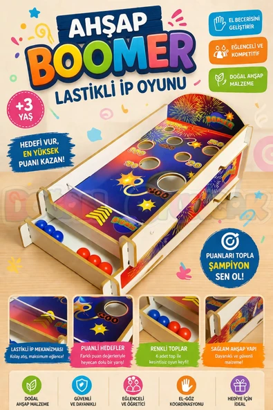 Ahşap Boomer Lastikli İp Oyunu - Pinball Oyunu - Deliğe Top Atma Oyunu - Pinbal Ahşap Oyuncak - Boomer Finger Oyunu ürün görseli 1