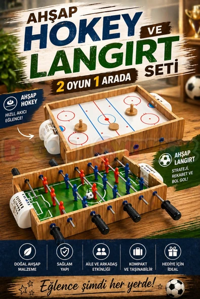Ahşap Hokey ve Ahşap Langırt Seti - Ahşap Oyuncak - Futbol Oyuncakları - Top Oyuncak Langırt Setleri - Langırt Oyuncakla ürün görseli 1