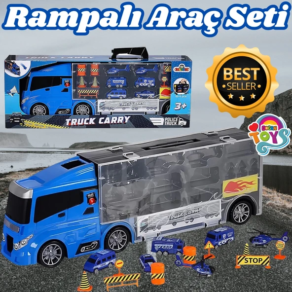 Rampalı Polis Tır Seti - Polis Taşıyıcı Tır - Kaydıraklı Kamyon - Araç Yol Seti - Tır Yol Seti - Oyuncak Araç Seti ürün görseli 1