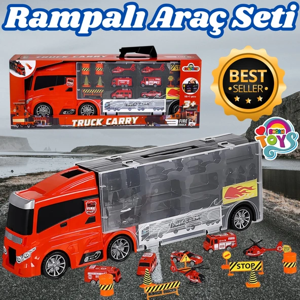 Rampalı İtfaiye Tır Seti - İtfaiye Taşıyıcı Tır - Kaydıraklı Kamyon - Araç Yol Seti - Tır Yol Seti - Oyuncak Araç Seti ürün görseli 1