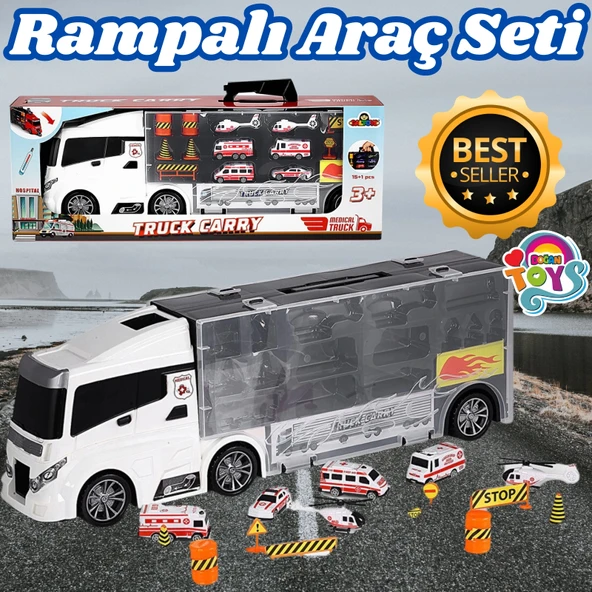 Rampalı Ambulans Tır Seti - Ambulans Taşıyıcı Tır - Kaydıraklı Kamyon - Araç Yol Seti - Tır Yol Seti - Oyuncak Araç Seti ürün görseli 1