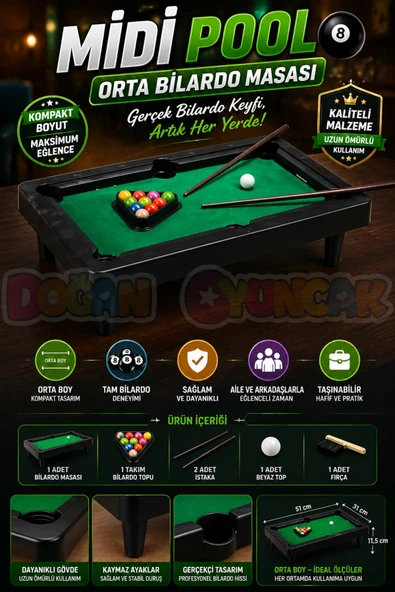 Midi Pool Orta Bilardo Masası - Bilardo Maçı - Bilardo Oyuncak - 8 Ball Oyunu - Büyük Bilardo Seti - Bilardo Oyuncağı ürün görseli 1