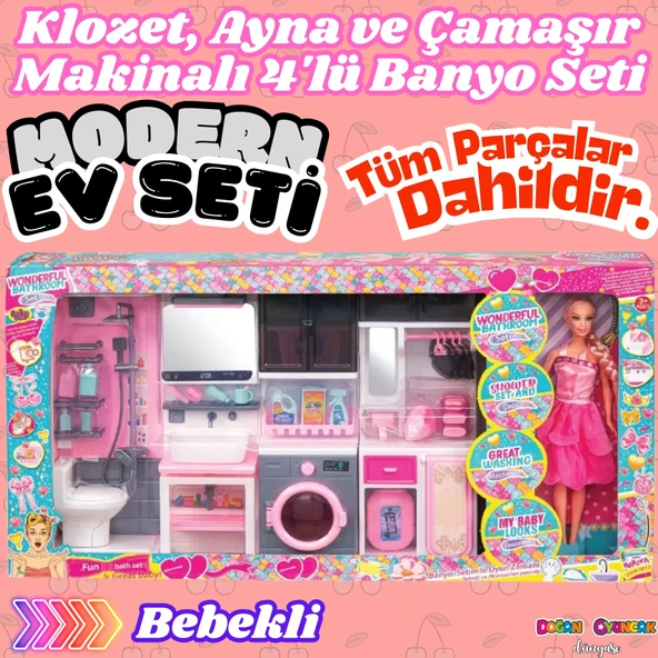 Bebekli Oyuncak Dörtlü Modern Banyo Seti - Modern Banyo Seti - Banyo Oyuncak Seti - Klozet, Tuvalet, Aynalı Lavabo, Ütü, ürün görseli 1