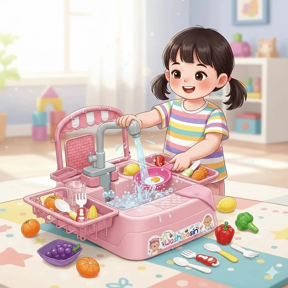 Pembe Su Akıtan Mutfak Lavabosu Seti - Çeşmeli Sesli Lavabo - Mutfak Seti - Su Akan Musluk - Akan Musluk Oyuncak ürün görseli 1