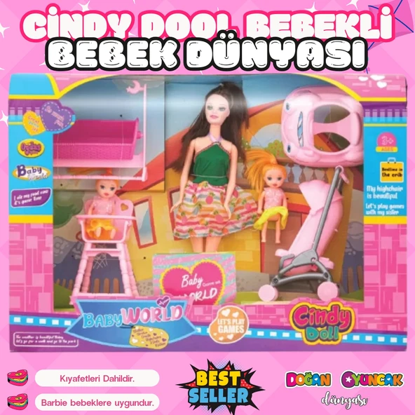 Cindy Doll Bebek Dünyası Seti - Oyuncak Pusetli Bebek - Barbie Pusetli Seti - Aksesuarlı Pusetlı Bebek Oyuncak ürün görseli 1