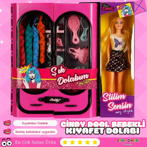 Cindy Doll Bebekli Aksesuarlı Gardırop Pembe - Barbie Dolap - Barbie Giysi Dolabı - Barbie Gardırop - Gardrop ürün görseli 1