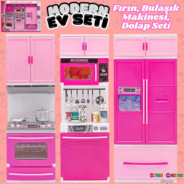 Anlily Üçlü Mutfak Seti - Barbie Modern Mutfak Seti - Işıklı Sesli Mutfak Oyuncak - Fırın, Buzdolabı, Bulaşık ürün görseli 1