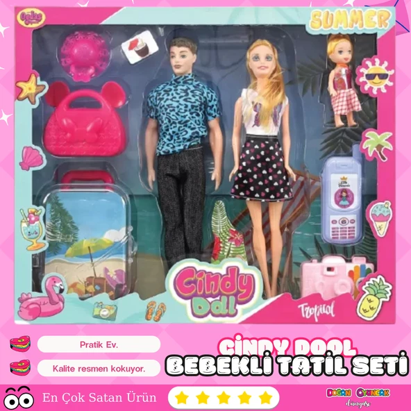 Cindy Doll Aile Tatil Seti - Aksesuarlı Bebek Seti - Oyuncak Tatil Seti - Gelin Damat Oyuncak Aile Oyuncak ürün görseli 1
