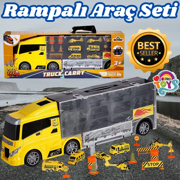 Rampalı İnşaat Tır Seti - İnşaat Taşıyıcı Tır - Kaydıraklı Kamyon - Araç Yol Seti - Tır Yol Seti - Oyuncak Araç Seti ürün görseli 1