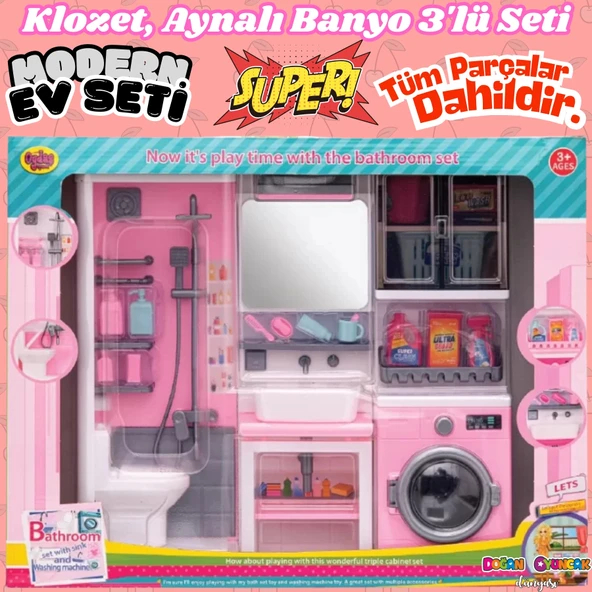 Ayna, Tuvalet ve Çamaşır Makinesi Banyo Seti - Modern Banyo Seti - Banyo Oyuncak Seti - Klozet, Tuvalet, Aynalı Lavabo, ürün görseli 1