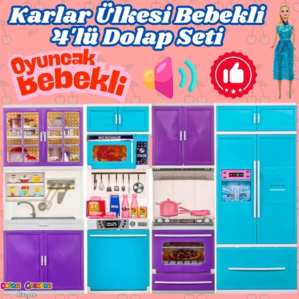 Karlar Ülkesi Bebekli Dörtlü Mutfak Seti - Frozen Modern Mutfak Seti - Işıklı Sesli Mutfak Oyuncak - Fırın, Buzdolabı, B ürün görseli 1