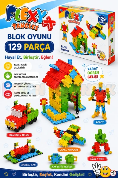 Flexy Tangles Blok Oyunu 129 Parça - Oyuncak Lego Seti - Birbirine Geçmeli STEM Lego Seti - Eğitici Oyuncak ürün görseli 1