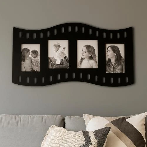 Duvar Fotoğraf Çerçevesi Film Rulo Desenli Fotoğraf Çerçeve Ahşap 4 Fotoğraf Kapasiteli Pano Siyah ürün görseli 1