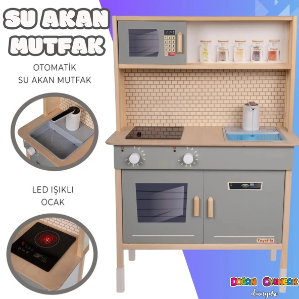 Musluktan Su Akan Işıklı Ahşap Mutfak - Ahşap Çocuk Mutfağı - Ledli Mutfak Seti -Su Akıtan Mutfak - Gri ürün görseli 1