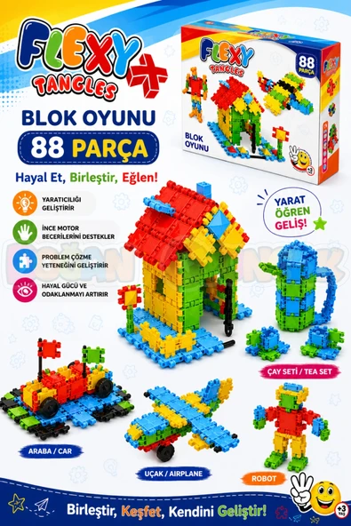 Flexy Tangles Blok Oyunu 88 Parça - Oyuncak Lego Seti - Birbirine Geçmeli STEM Lego Seti - Eğitici Oyuncak ürün görseli 1