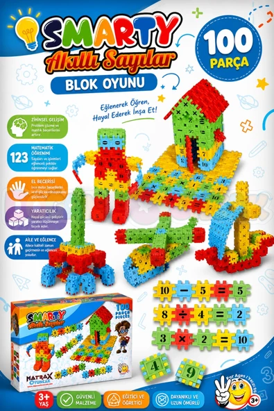 Smarty - Akıllı Sayılar Blok Oyunu 100 Parça - Oyuncak Lego Seti - Birbirine Geçmeli STEM Lego Seti - Eğitici Oyuncak ürün görseli 1