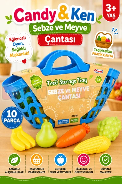 Sebze ve Meyve Çantası Mavi - Meyve Sebze Sepeti - Piknik Sepeti Oyuncak Meyveler - Oyuncak Sebzeler - Mutfak Oyuncaklar ürün görseli 1