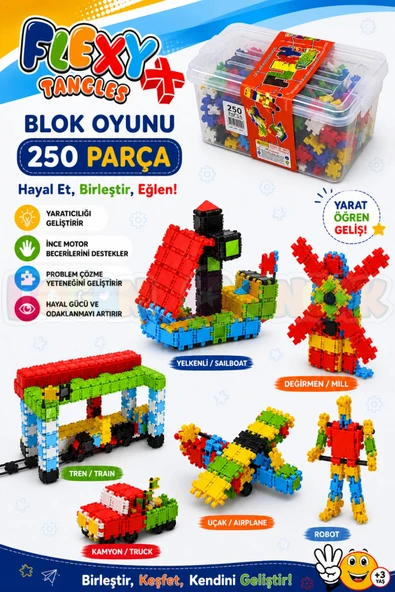 Flexy Tangles Blok Oyunu 250 Parça - Oyuncak Lego Seti - Birbirine Geçmeli STEM Lego Seti - Eğitici Oyuncak ürün görseli 1
