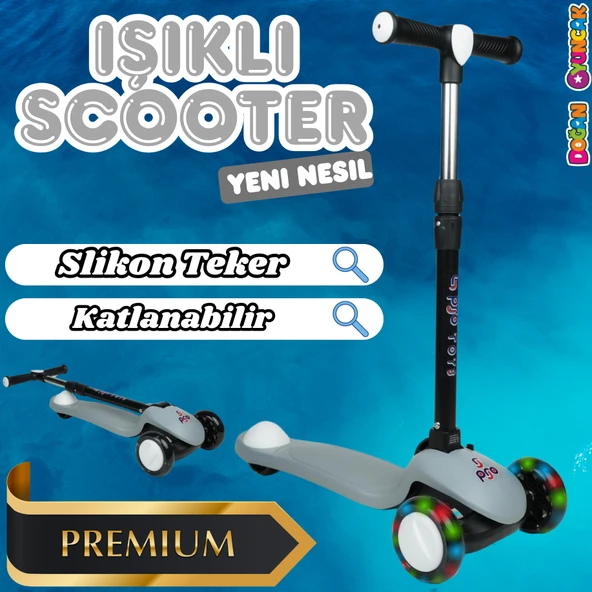 Lupa Katlanabilir Işıklı 3 Tekerlekli Gri Scooter - Işıklı Scooter - Slikon Teker Scooter - Çocuk Scooter - İttir Git ürün görseli 1