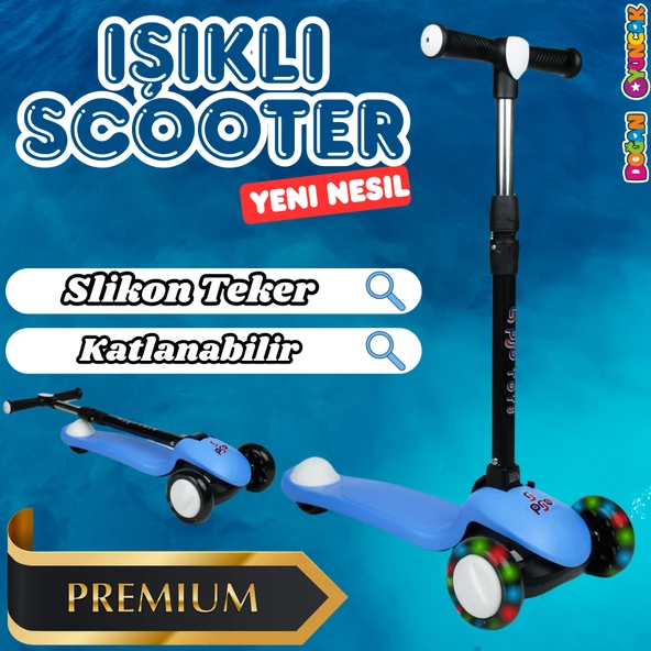 Lupa Katlanabilir Işıklı 3 Tekerlekli Mavi Scooter - Işıklı Scooter - Slikon Teker Scooter - Çocuk Scooter - İttir Git ürün görseli 1