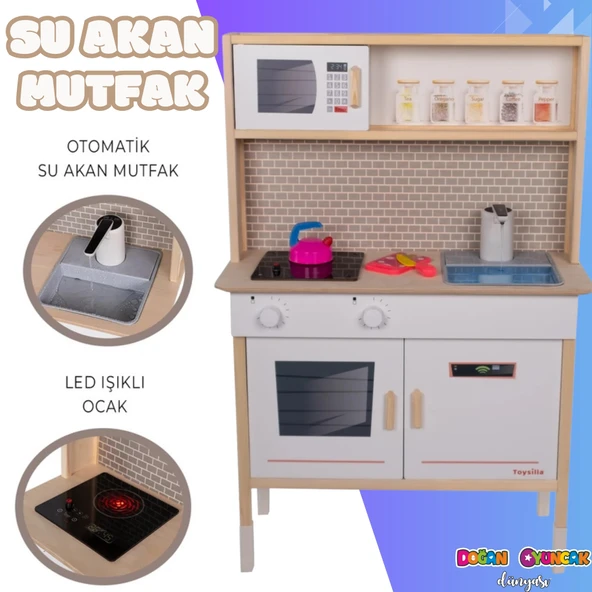 Musluktan Su Akan Işıklı Ahşap Mutfak - Ahşap Çocuk Mutfağı - Ledli Mutfak Seti -Su Akıtan Mutfak - Beyaz ürün görseli 1